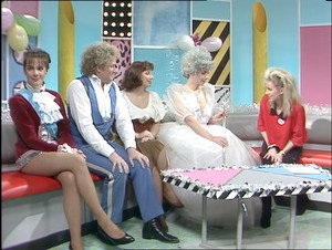 Still from Saturday Superstore Colin Baker, Nicola Bryant, Mary Tamm and Jacqueline Pearce [05/01/85]