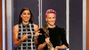 Still from Jon Favreau, Alex Morgan and Megan Rapinoe, Musical Guest Taylor Bennett