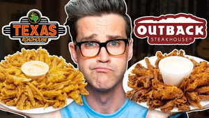 Still from Texas Roadhouse vs. Outback Steakhouse Taste Test | FOOD FEUDS